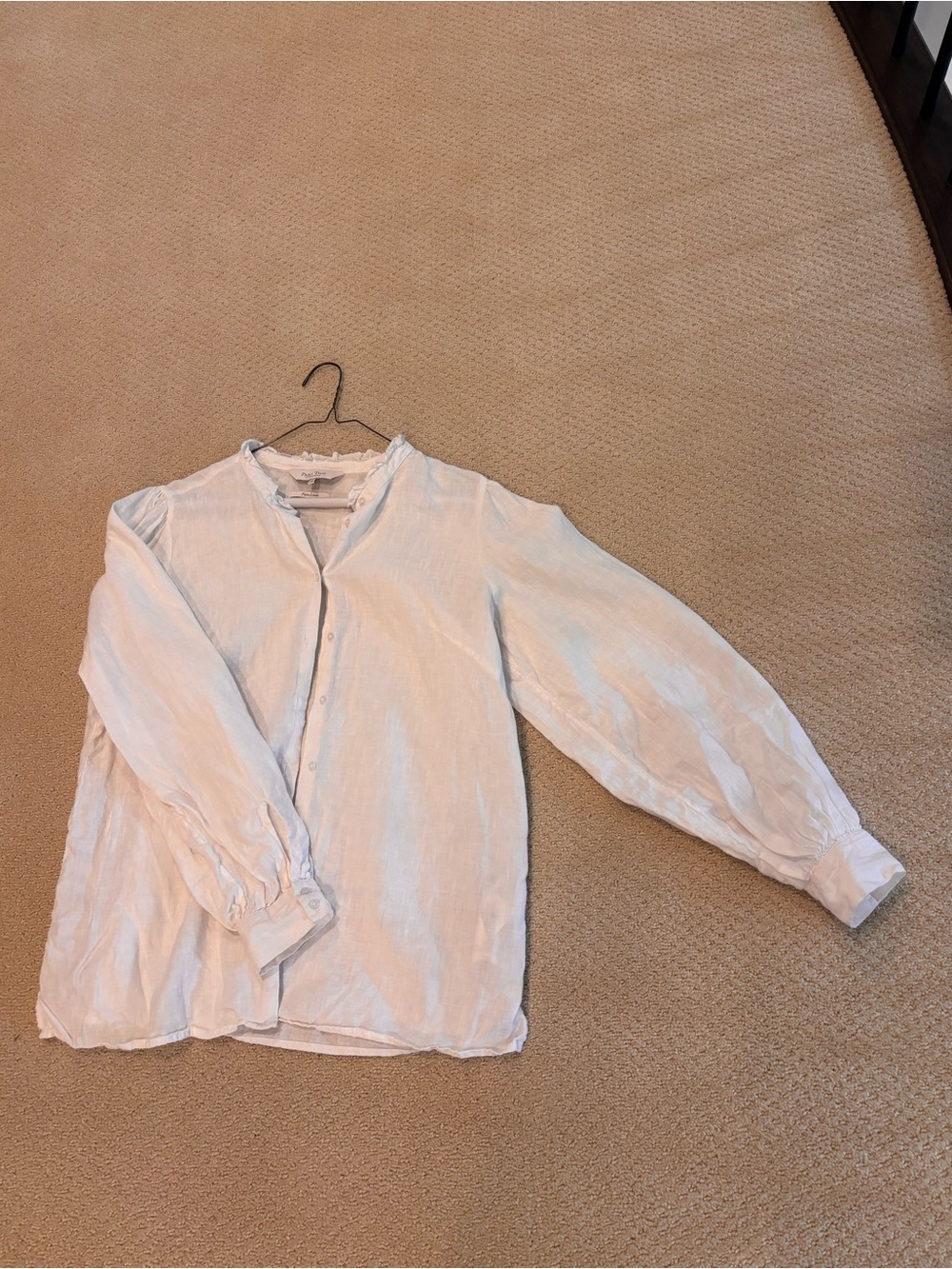 Part Two White Linen Button-Down Blouse with Ruffled Collar